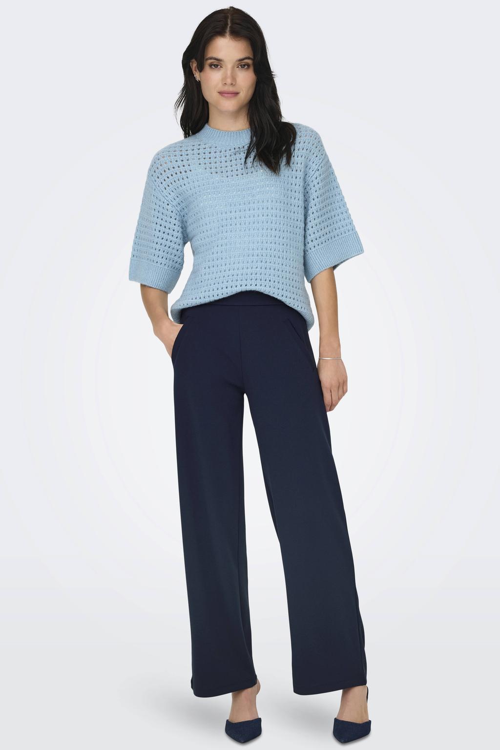 Donkerblauwe dames JDY wide leg casual broek met high waist, elastische inzet en effen