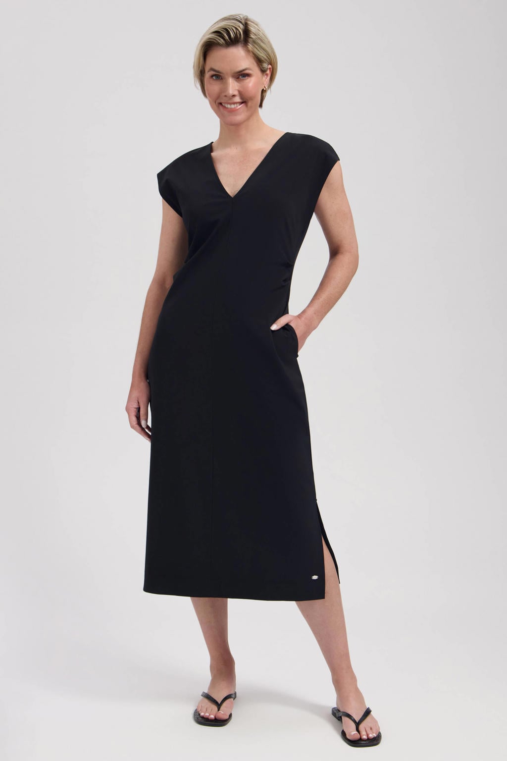 Zwarte dames Lady Day T-shirtjurk van polyamide met effen, korte mouwen, V-hals en split