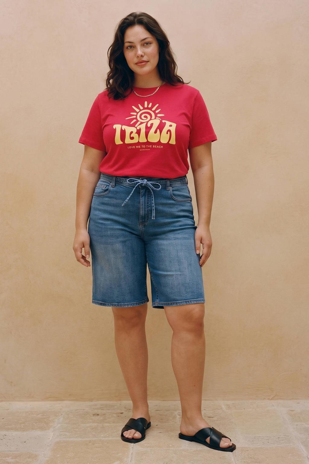 Rode dames VERO MODA CURVE T-shirt van katoen met tekst print, korte mouwen en ronde hals