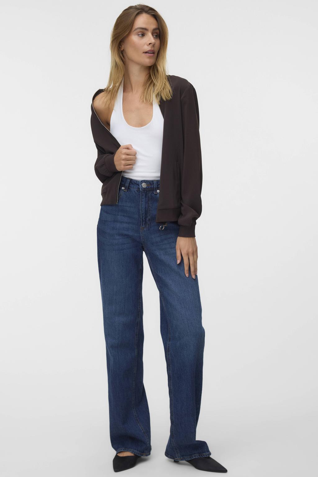 Bruine dames VERO MODA bomberjack van polyester met effen, lange mouwen, ronde hals en ritssluiting
