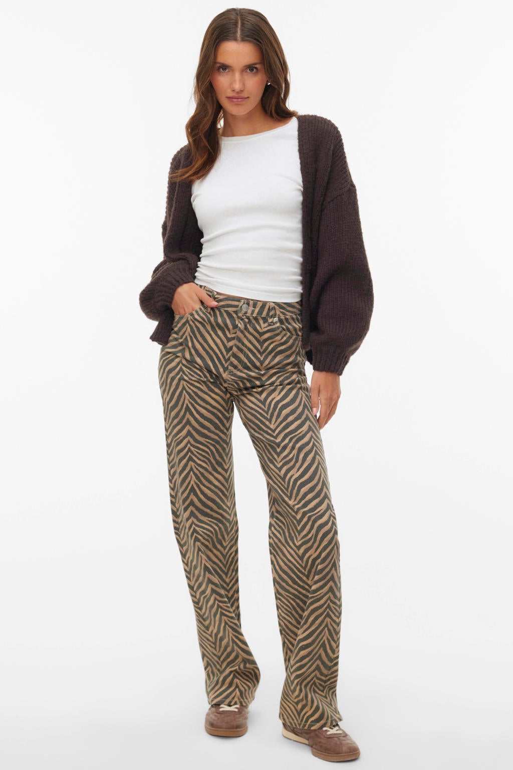 Bruine dames VERO MODA rechtvallend gebreide vest met effen, lange mouwen en ronde hals