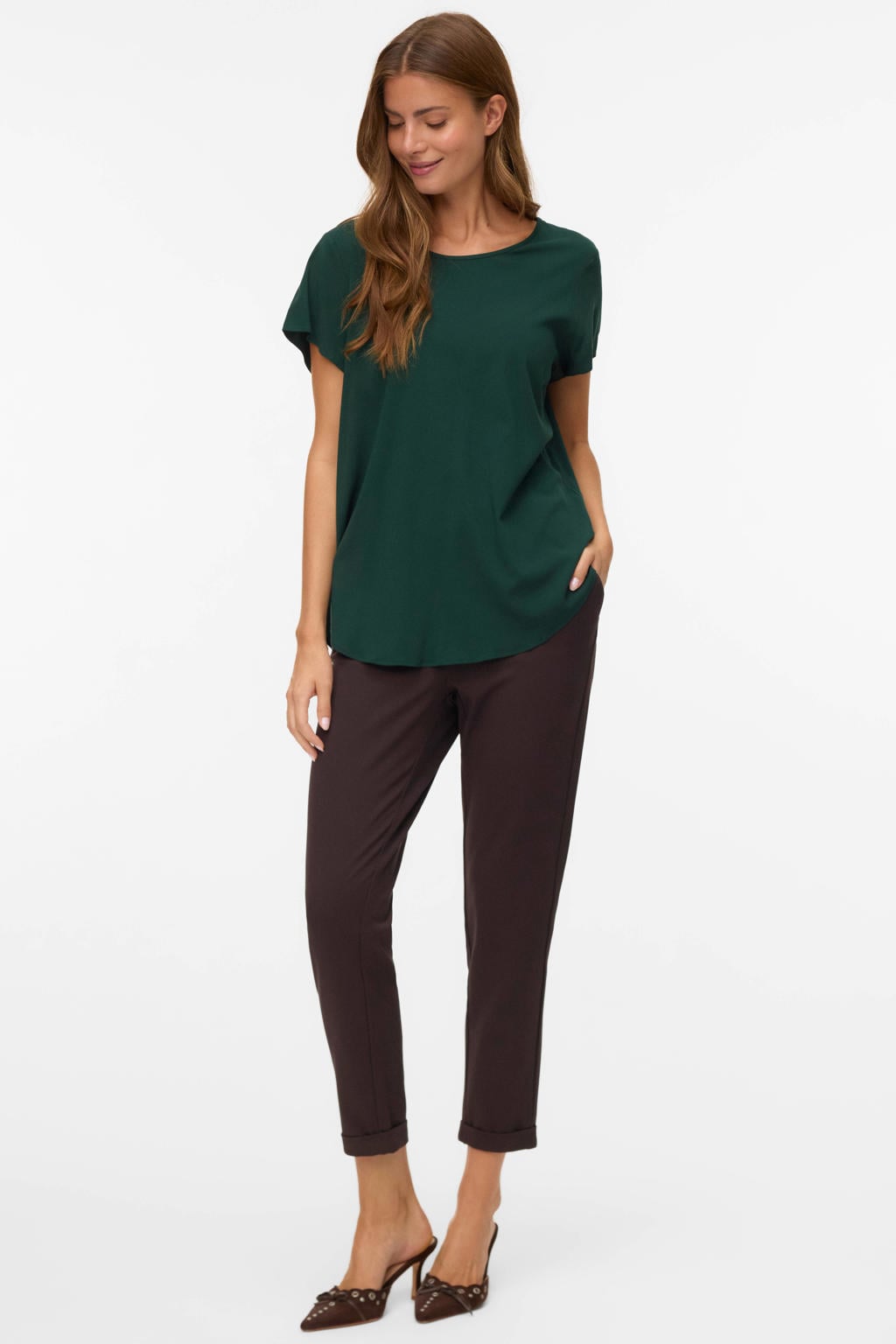 Bruine dames VERO MODA regular fit pantalon van polyester met elastische inzet en effen