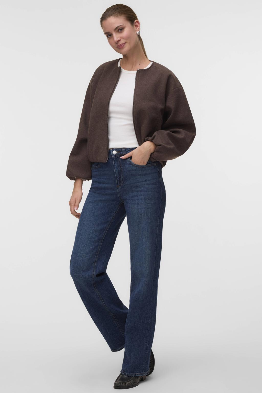 Donkerblauwe dames VERO MODA bomberjack van polyester met effen, lange mouwen, ronde hals en ritssluiting