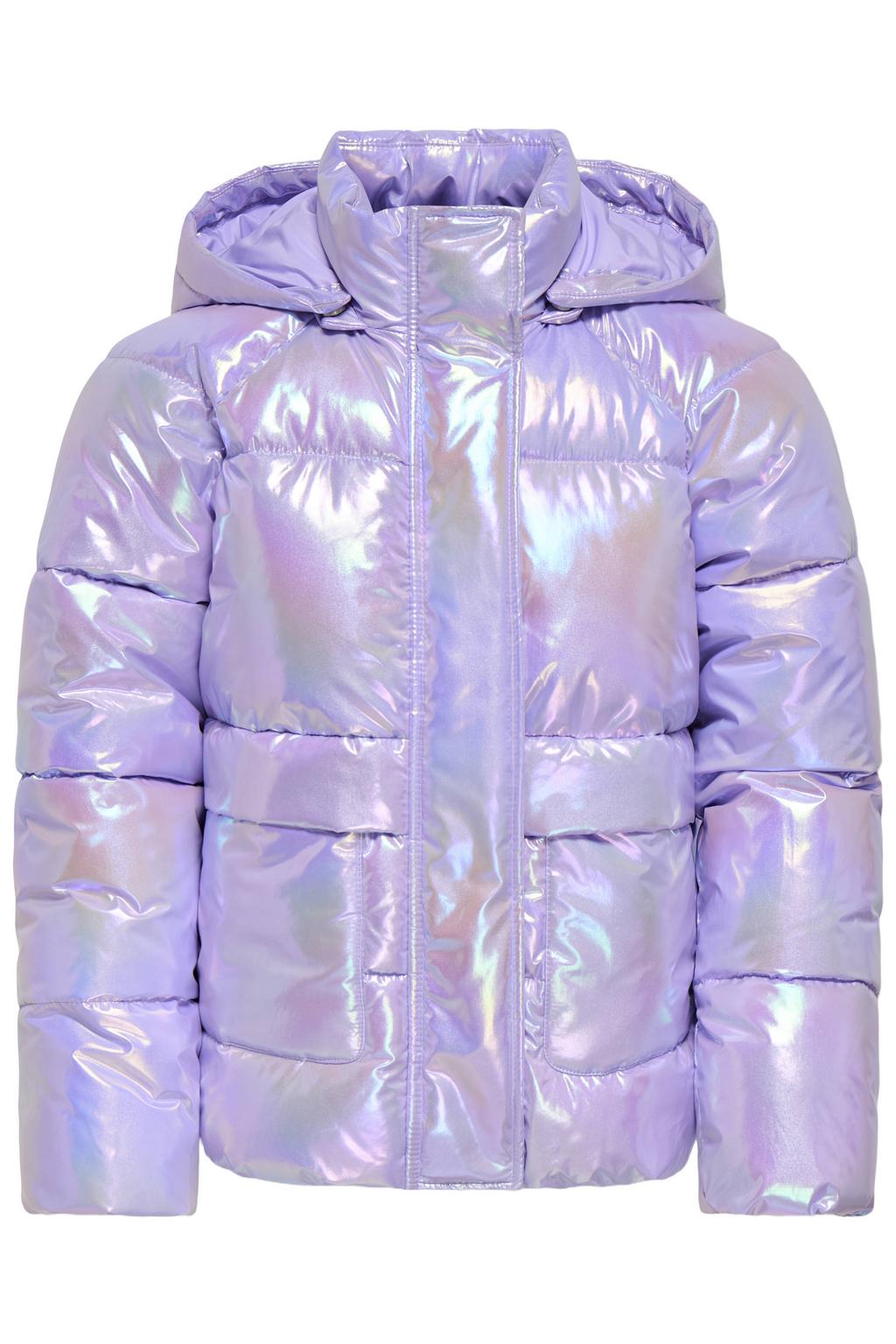 Paarse meisjes KIDS ONLY GIRL gewatteerde winterjas van polyester met effen, lange mouwen, capuchon, rits- en drukknoopsluiting en glimmend detail