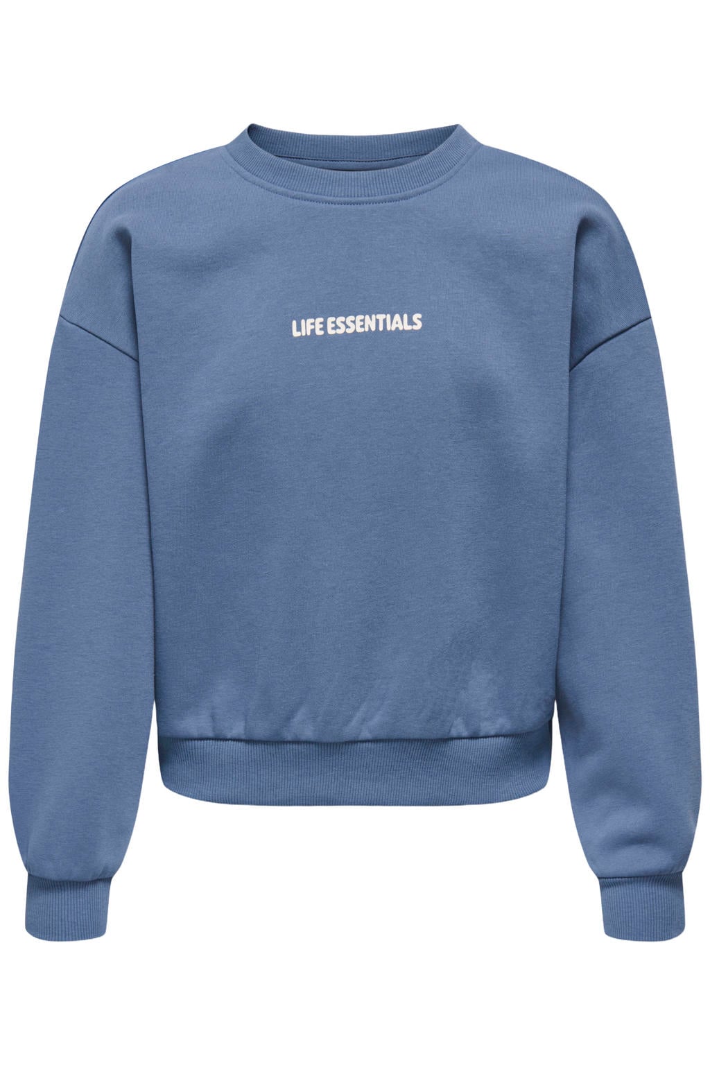 Blauwe meisjes KIDS ONLY GIRL sweater met backprint, lange mouwen, ronde hals en geribde boorden