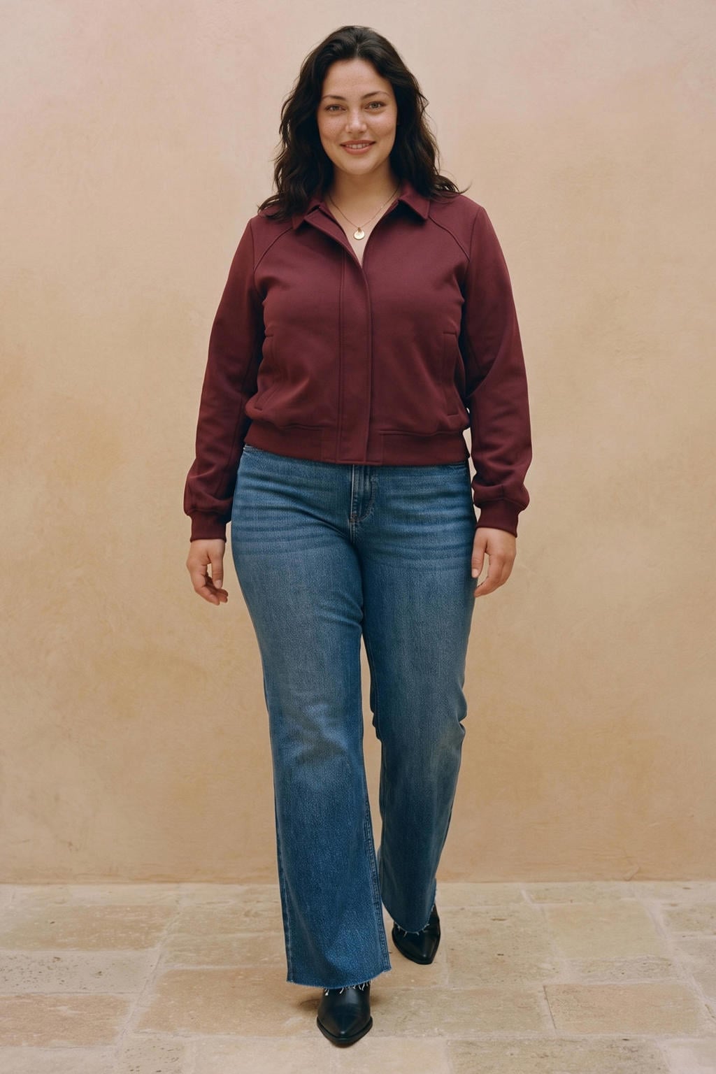 Donkerrode dames VERO MODA CURVE top Plus Size van viscose met effen, lange mouwen en geweven detail