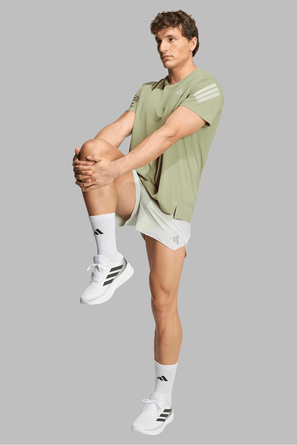 Lichtgroene heren adidas Performance hardloopshirt van polyester met korte mouwen en ronde hals