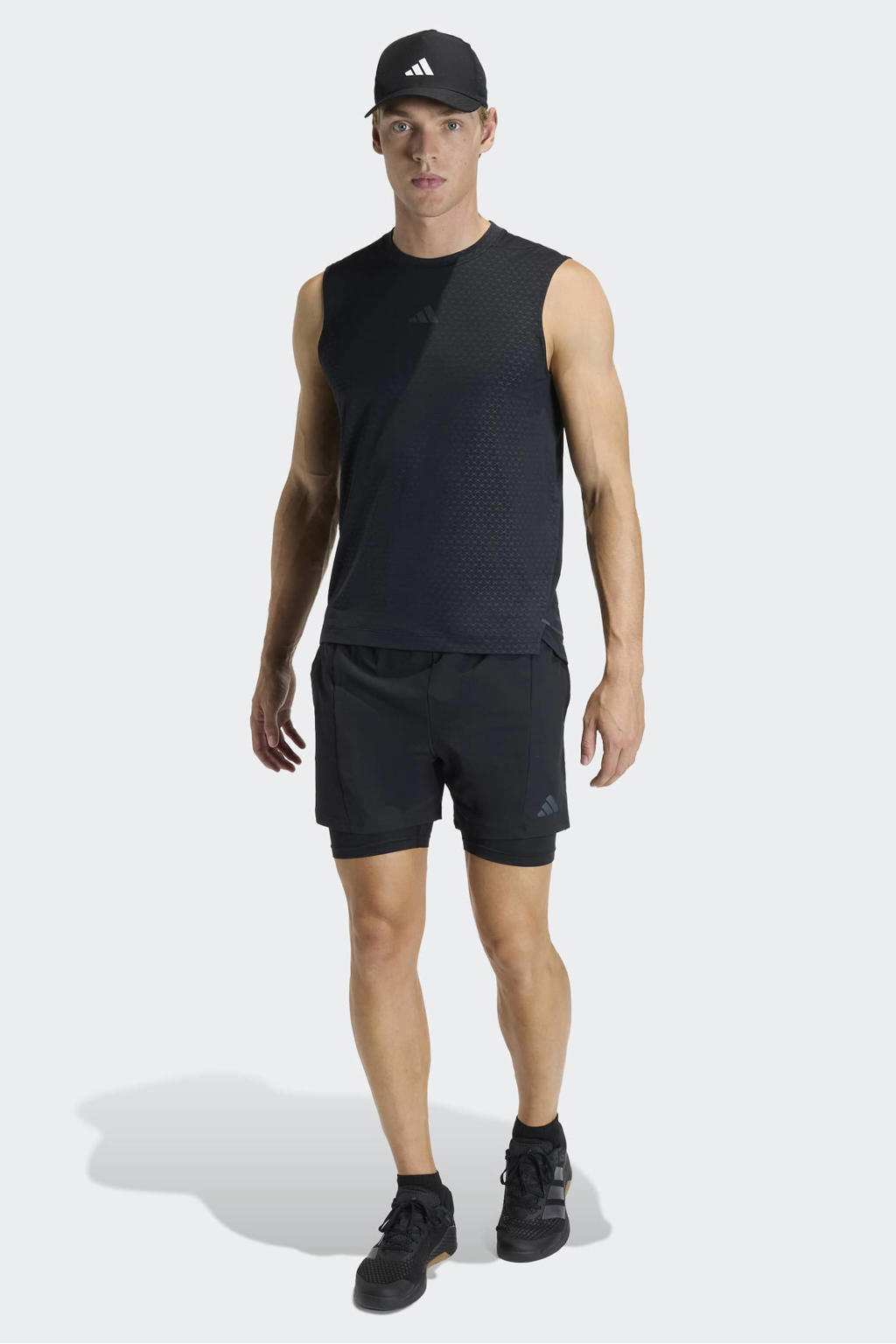 Zwarte heren adidas Performance 2-in-1 sportshort van polyester met elastische tailleband met koord