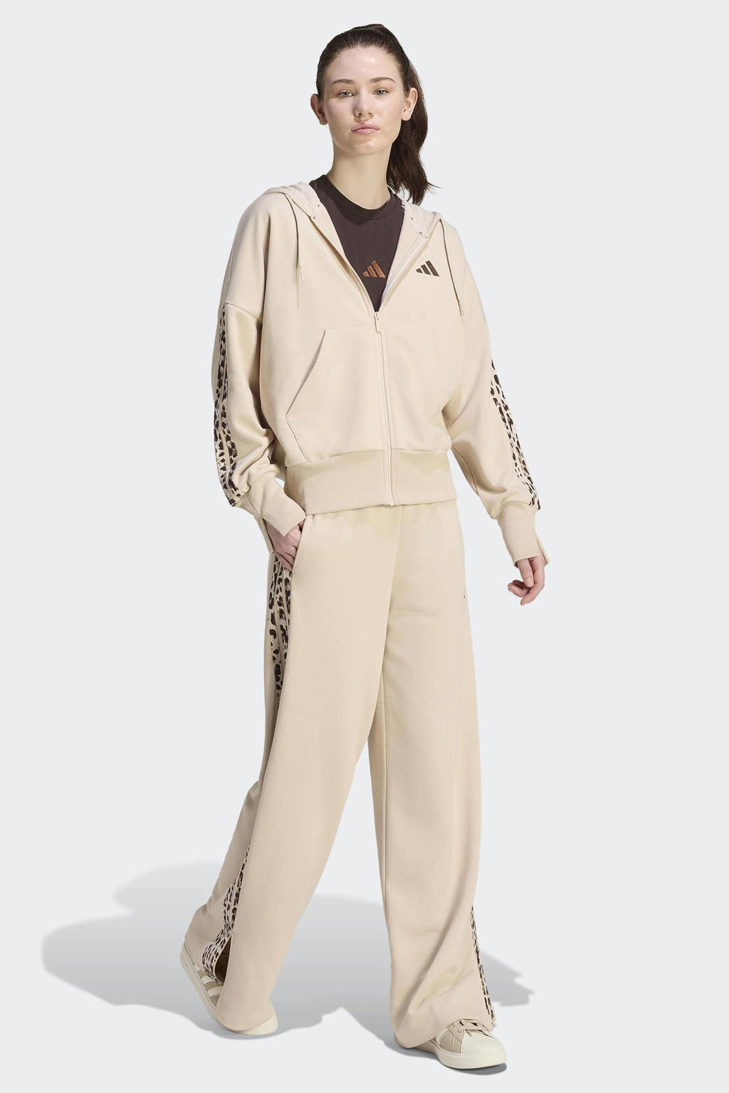 Beige dames adidas Sportswear sweatvest van katoen met lange mouwen, capuchon en ritssluiting