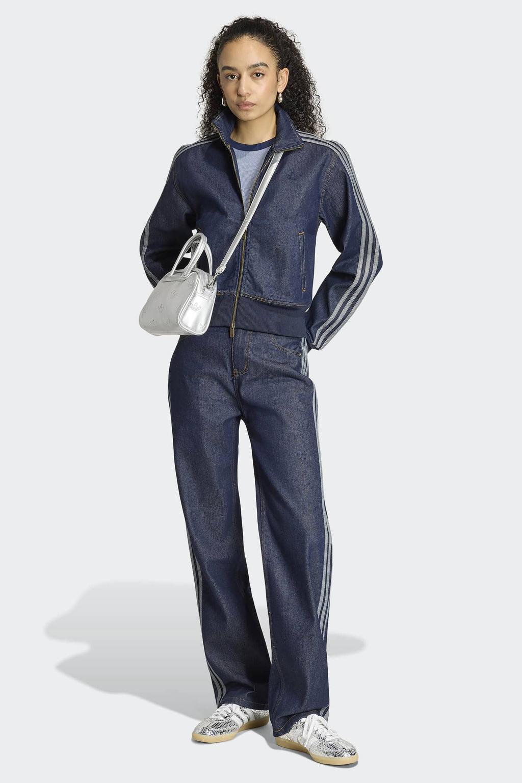 Dark blue denim dames adidas Originals Firebird jack dark blue van katoen met effen, lange mouwen en opstaande kraag