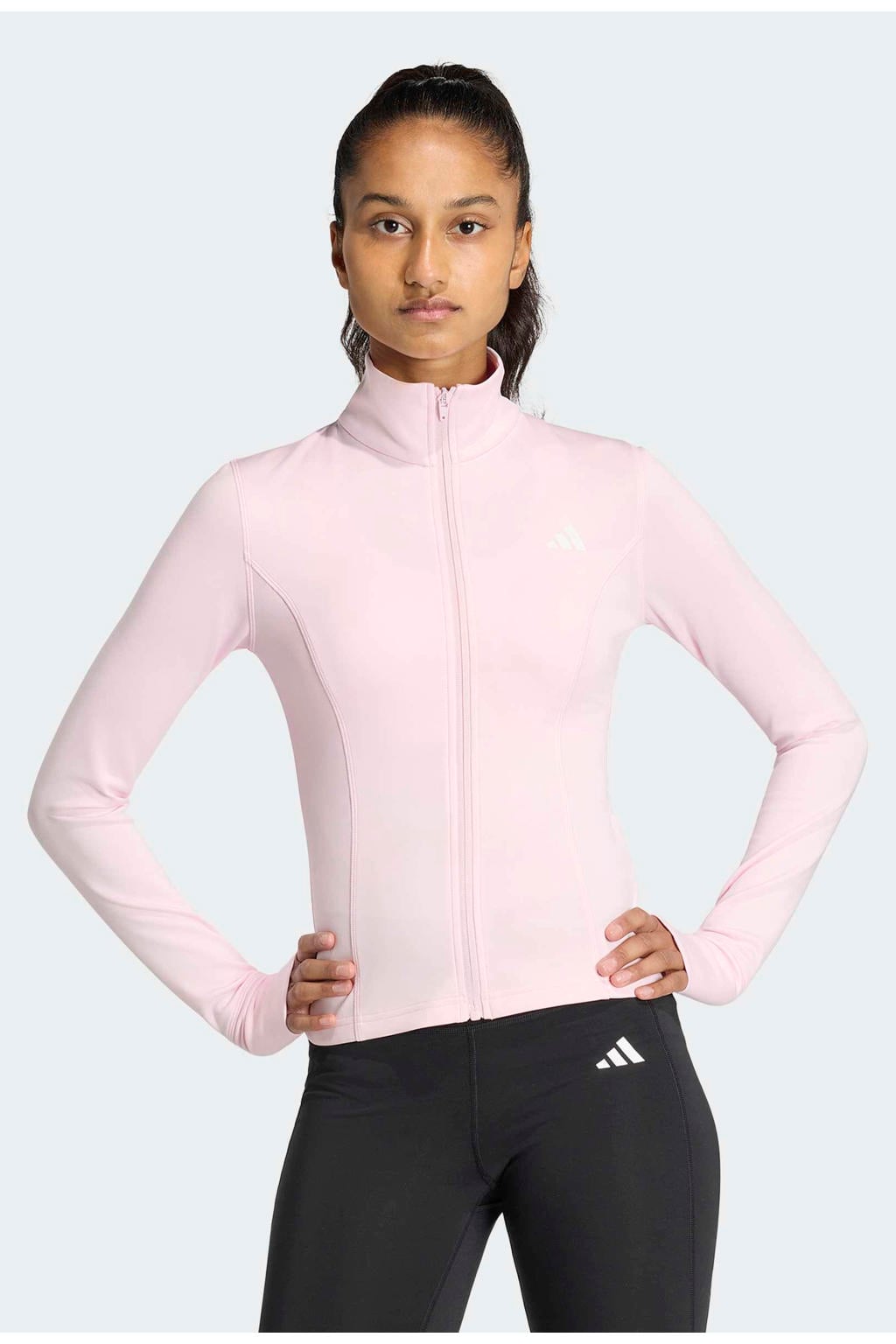 Lichtroze dames adidas Performance Climacool trainingsjack van polyester met effen, lange mouwen, opstaande kraag en ritssluiting
