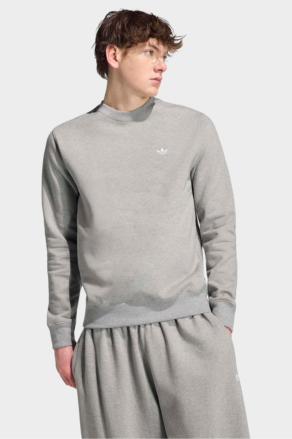 Grijs melange heren adidas Originals Trefoil Essentials sweater melange met logo dessin, lange mouwen en ronde hals
