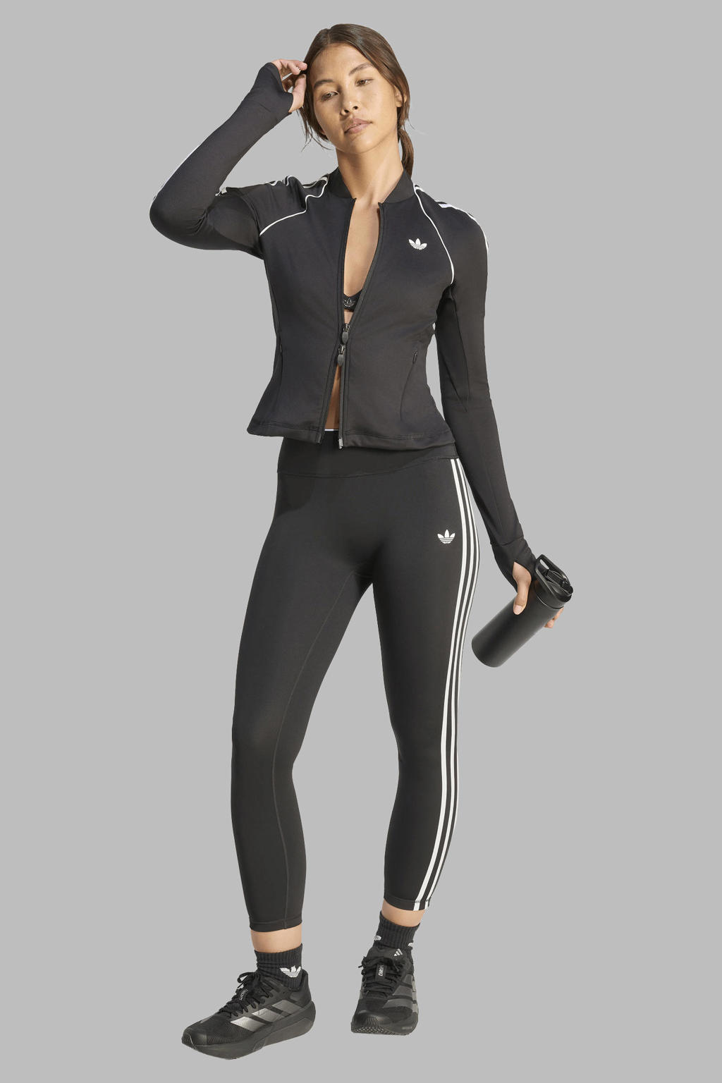 Zwarte dames adidas Originals sportjack van polyester met effen, lange mouwen, ronde hals en 2-way rits