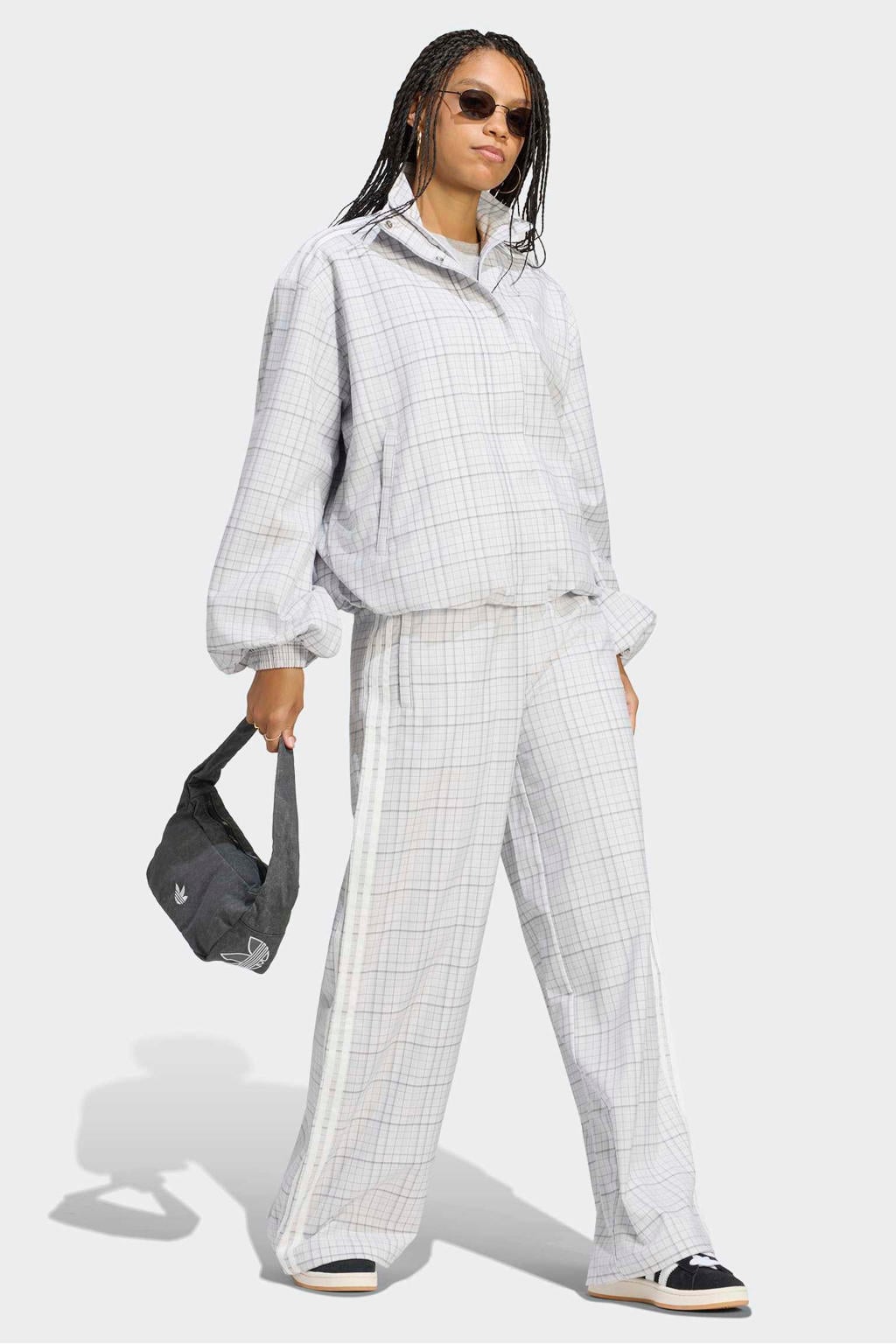 Grijze dames adidas Originals loose ruit broek van polyester met elastische tailleband