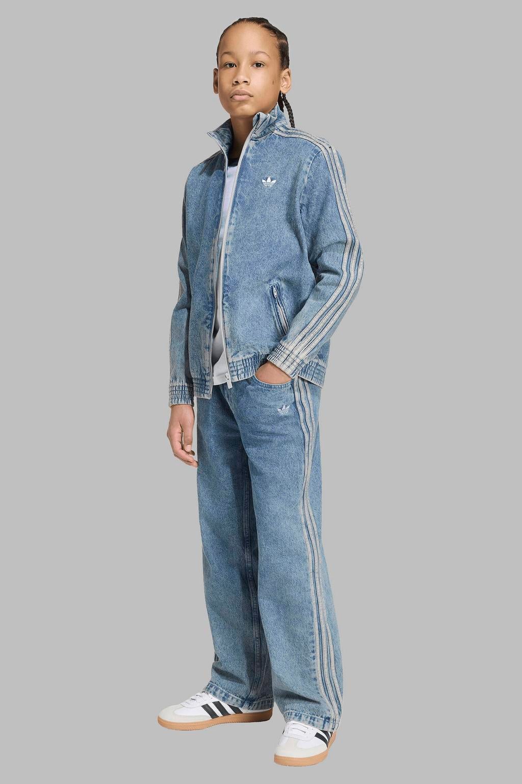 Light blue denim jongens en meisjes adidas Originals Firebird jack van denim met lange mouwen, opstaande kraag en ritssluiting