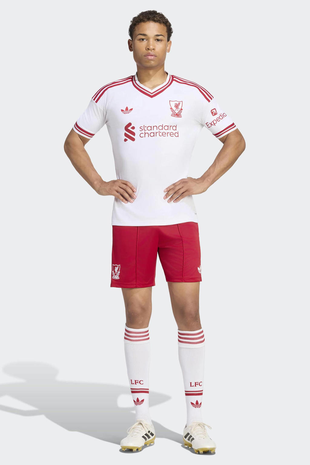 Wit en rode heren adidas Performance senior liverpool fc voetbalshort uit van polyester met elastische tailleband met koord