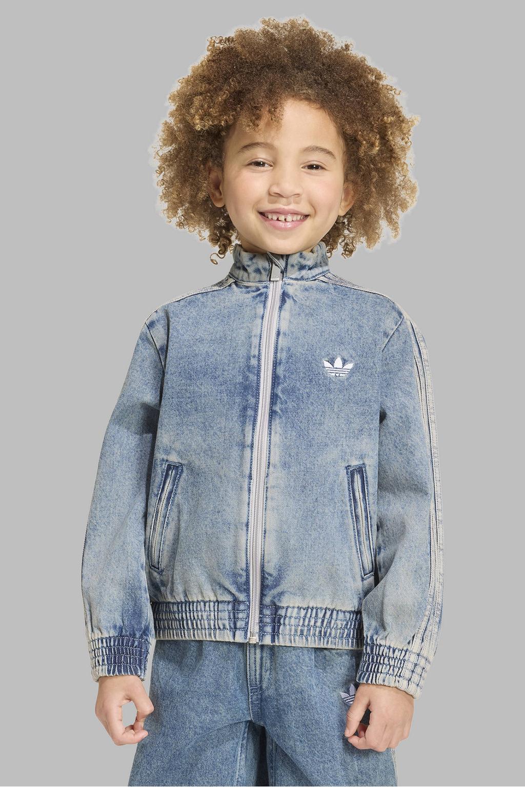 Light blue denim jongens en meisjes adidas Originals Firebird loose jack van denim met effen, lange mouwen, opstaande kraag en ritssluiting