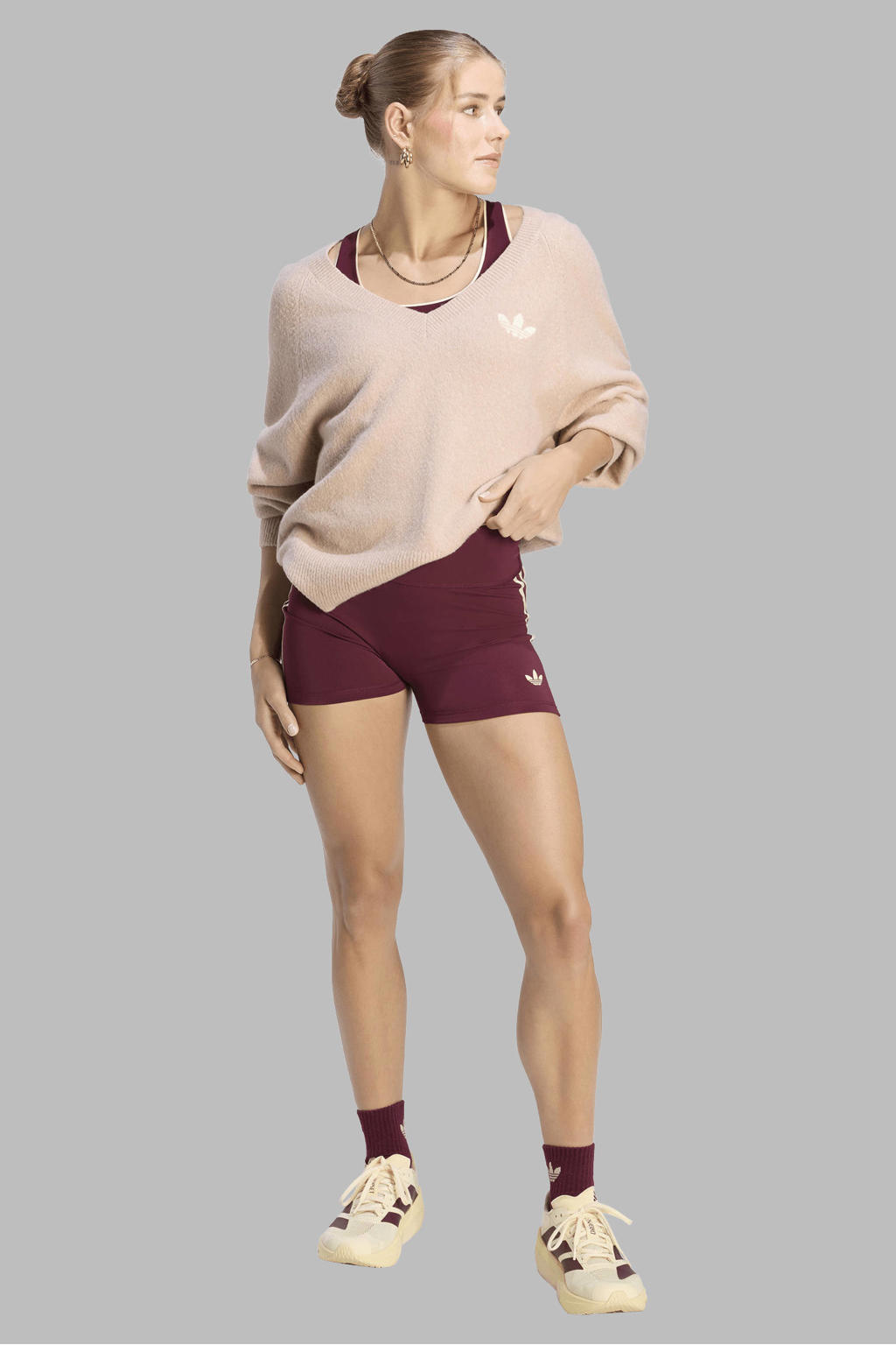 Donkerrode dames adidas Originals sportshort van acryl met slim fit, regular waist en elastische tailleband
