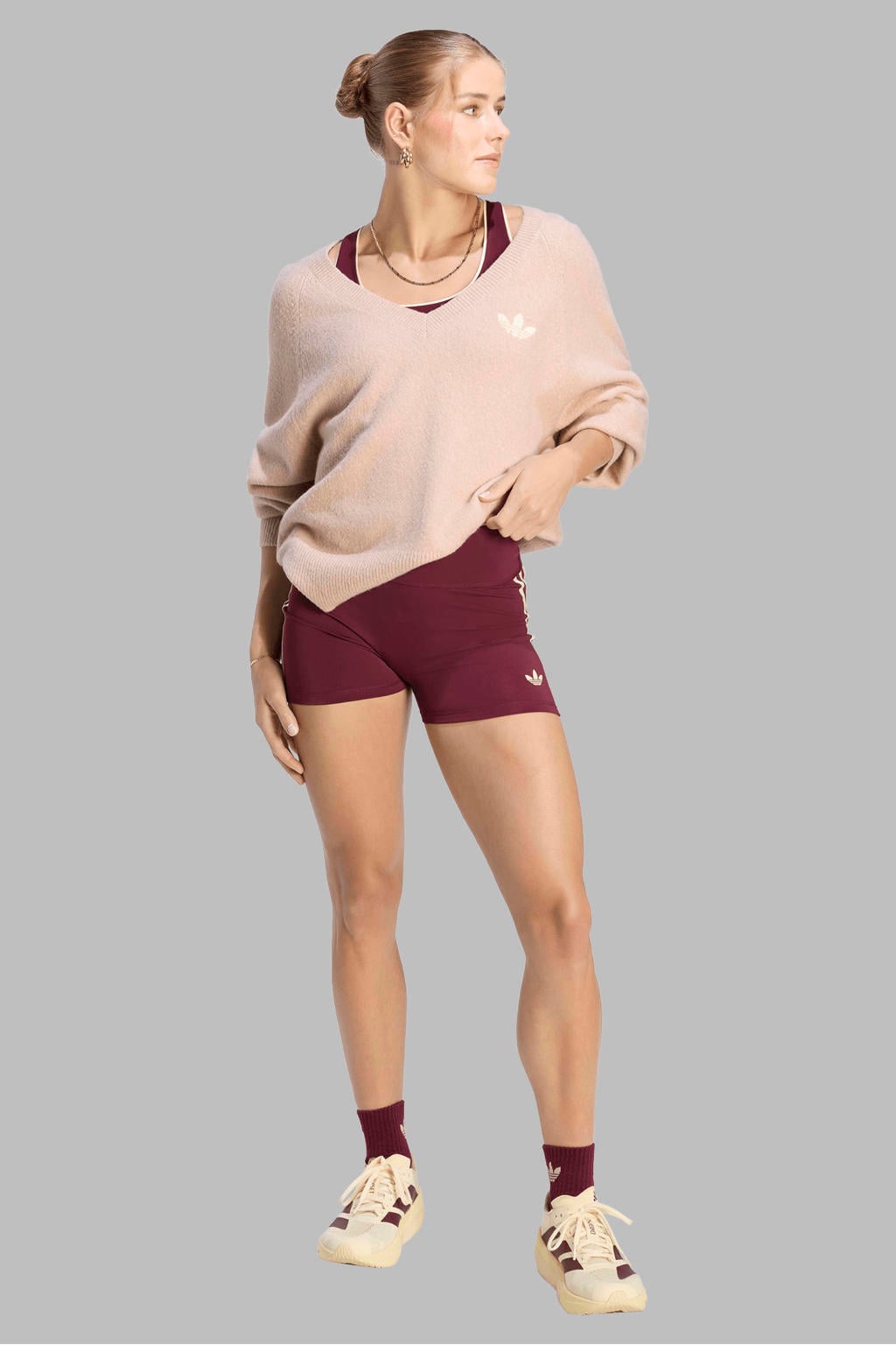Donkerrode dames adidas Originals sportshort van acryl met slim fit, regular waist en elastische tailleband