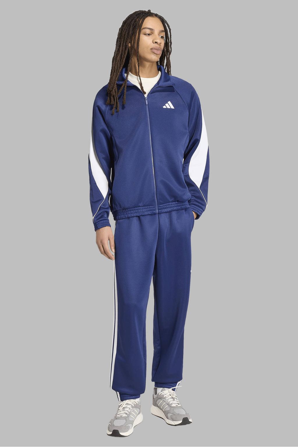 Donkerblauw en witte heren adidas Sportswear Stadium sweatvest van polyester met lange mouwen, opstaande kraag en ritssluiting