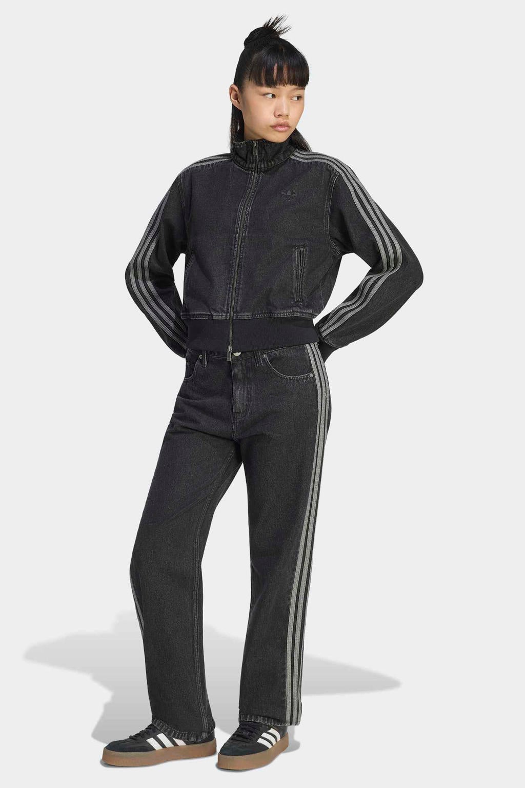 Black denim dames adidas Originals Firebird straight leg jeans van denim met rits- en knoopsluiting en effen