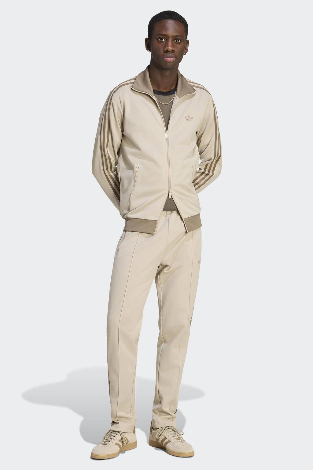 Beige heren adidas Originals Beckenbauer trainingsbroek van katoen met elastische tailleband met koord en effen