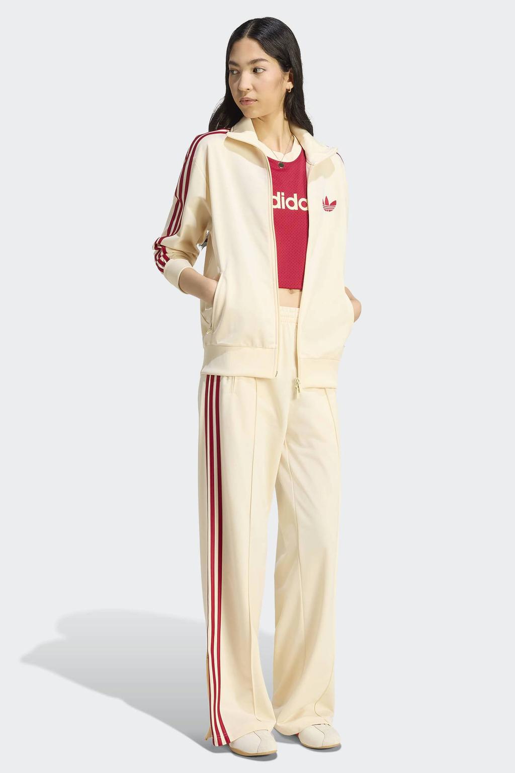 Ecru en rode dames adidas Originals Firebird loose trainingsjack van polyester met lange mouwen, opstaande kraag en ritssluiting