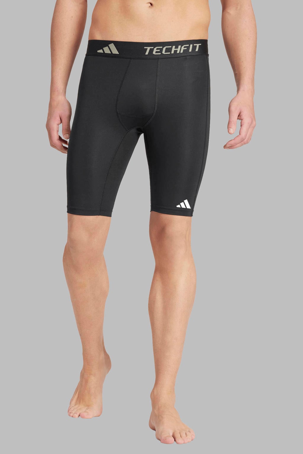 Zwarte heren adidas Performance Techfit compressie sportshort van polyester met elastische tailleband met koord en effen