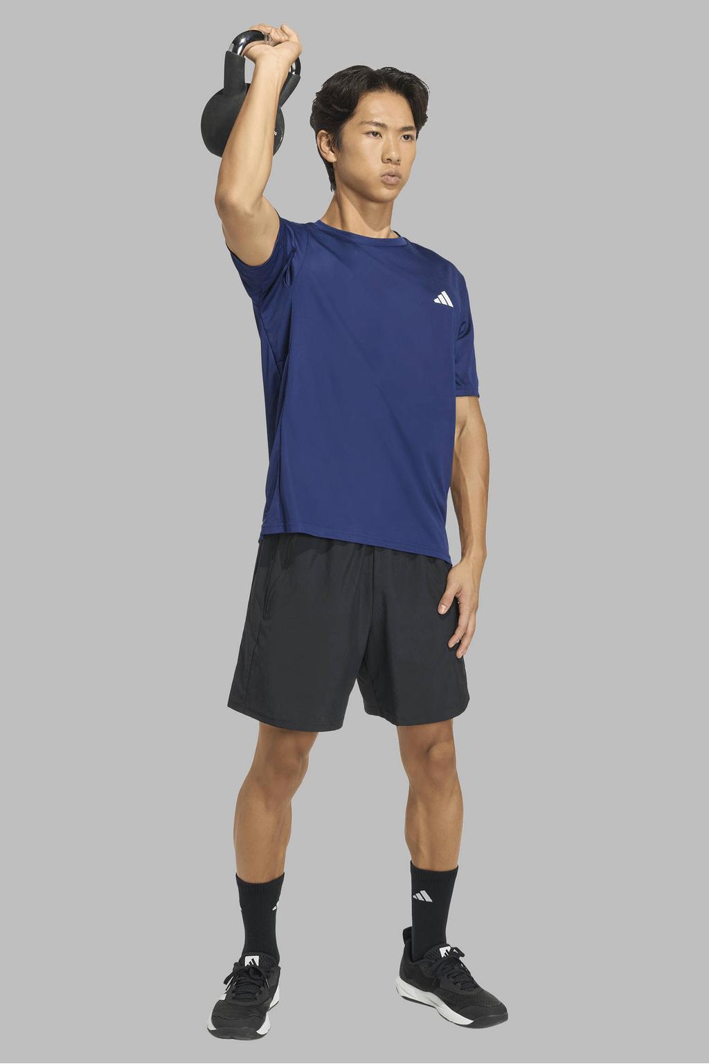 Donkerblauwe heren adidas Performance sportshirt Workout Essentials van polyester met korte mouwen en ronde hals
