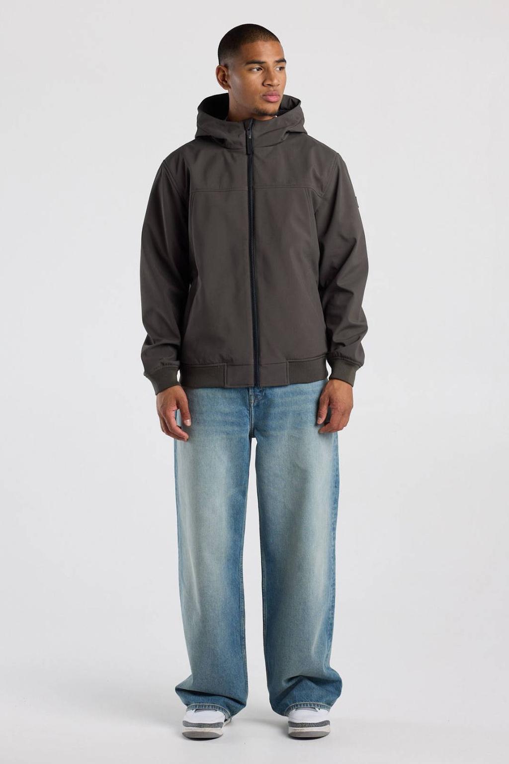 Grijsgroen en grey heren America Today softshell jas army met effen, lange mouwen, capuchon, ritssluiting en geribde boorden
