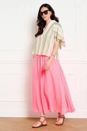 thumbnail: Groen, beige en roze dames LOLALIZA gestreepte blouse van polyester met korte mouwen, V-hals en knoopsluiting