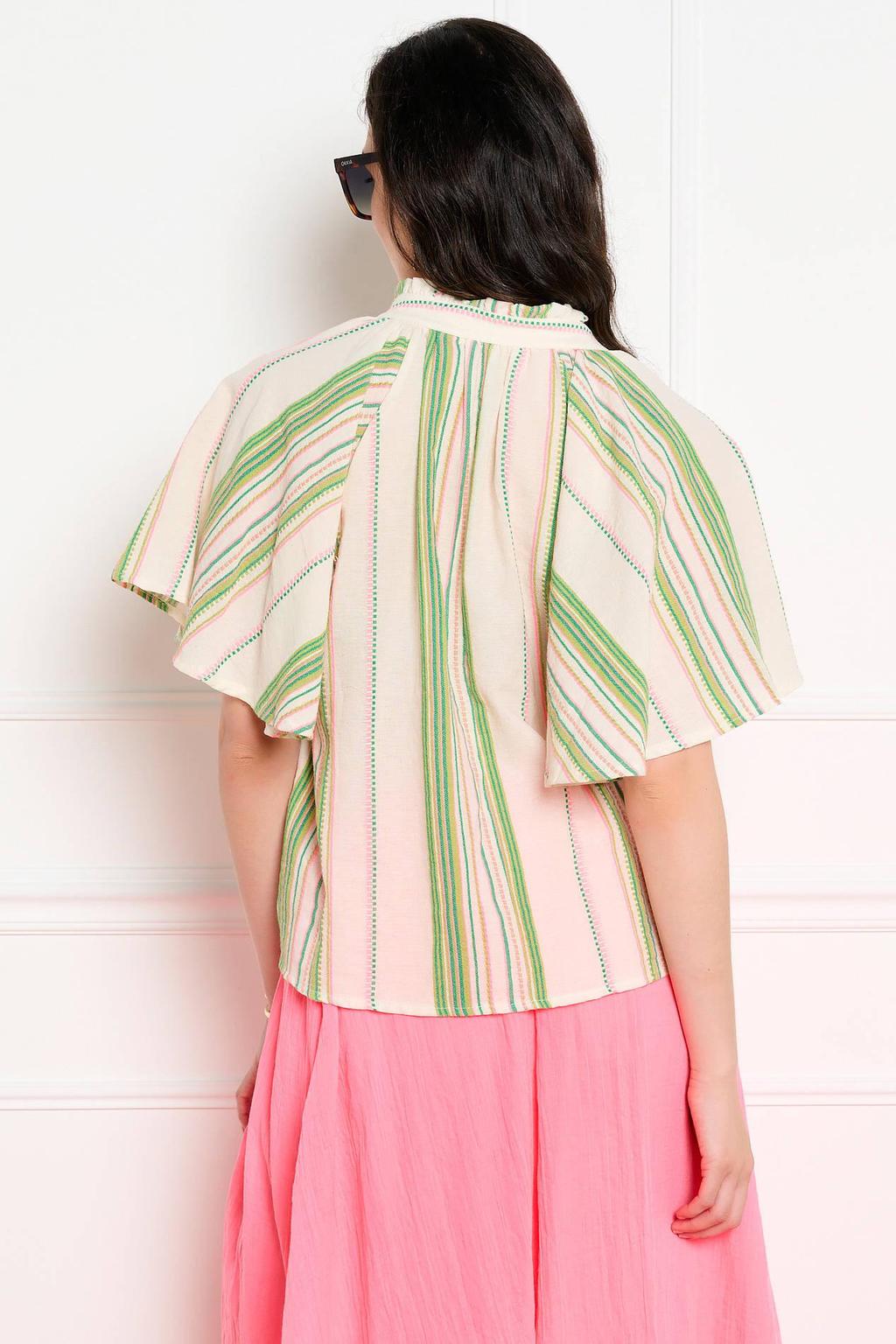 Groen, beige en roze dames LOLALIZA gestreepte blouse van polyester met korte mouwen, V-hals en knoopsluiting