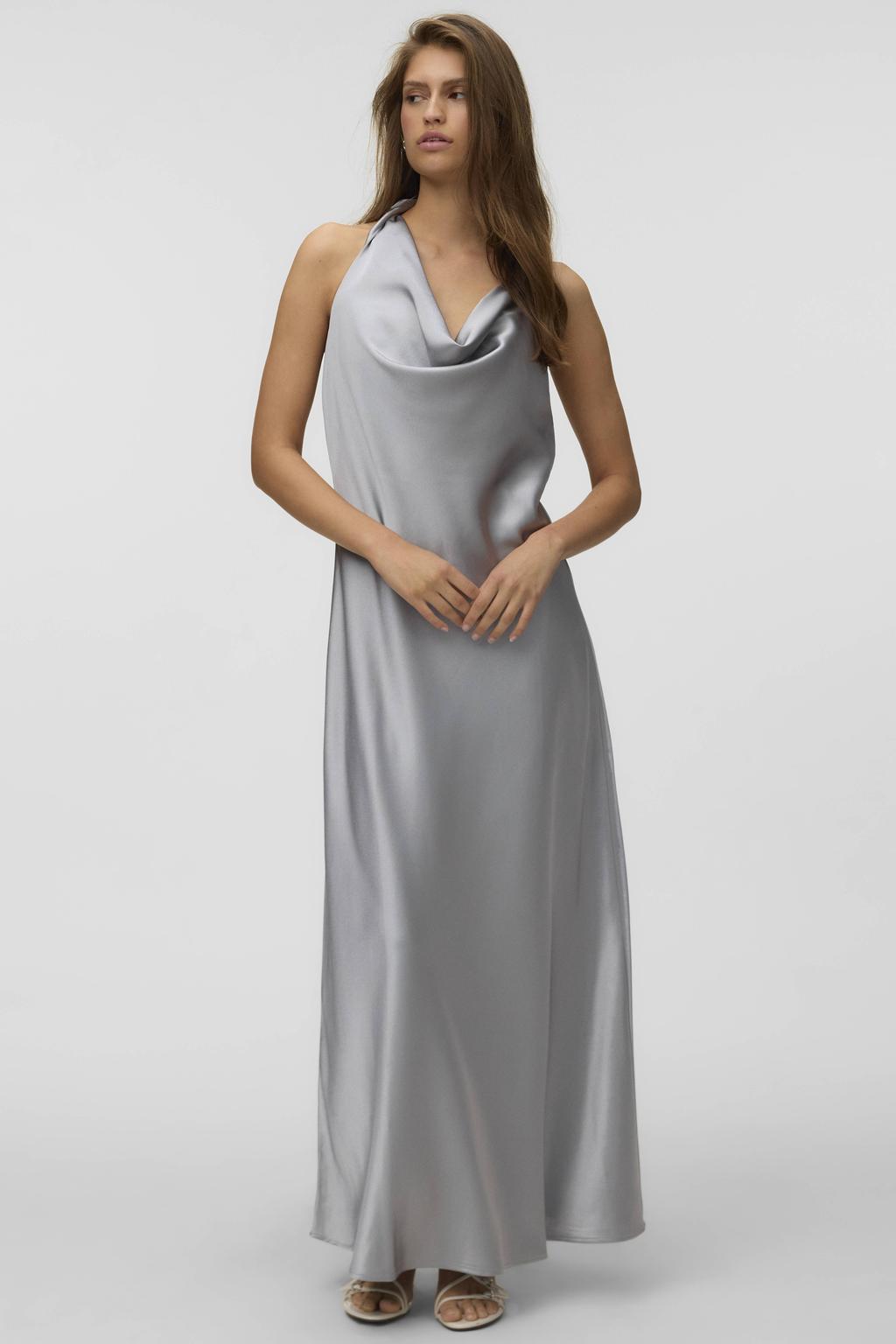 Zilverkleurige dames VERO MODA maxi halterjurk van polyester met effen, striksluiting en geweven detail