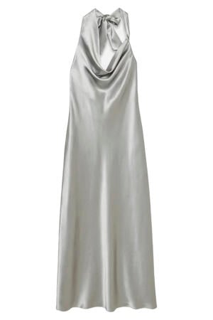 maxi halterjurk met plooien - zilver