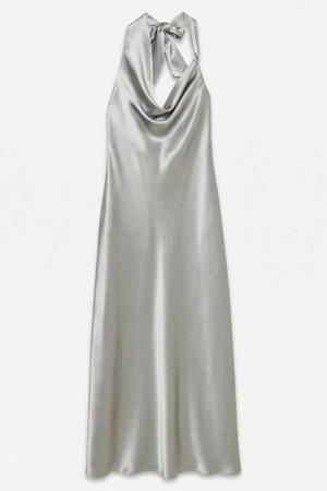 maxi halterjurk met plooien - zilver