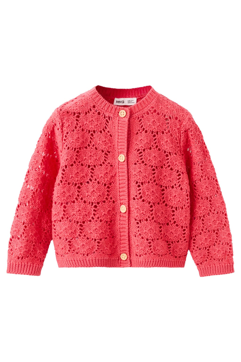 Roze en rode meisjes Mango Kids katoenen gebreide vest met lange mouwen, ronde hals en knoopsluiting