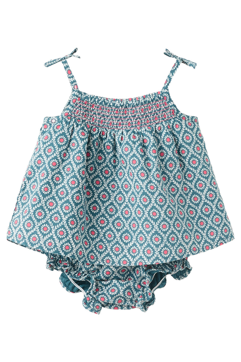 Blauwe meisjes Mango Kids korte jurk met print van katoen met vierkante hals en ruches
