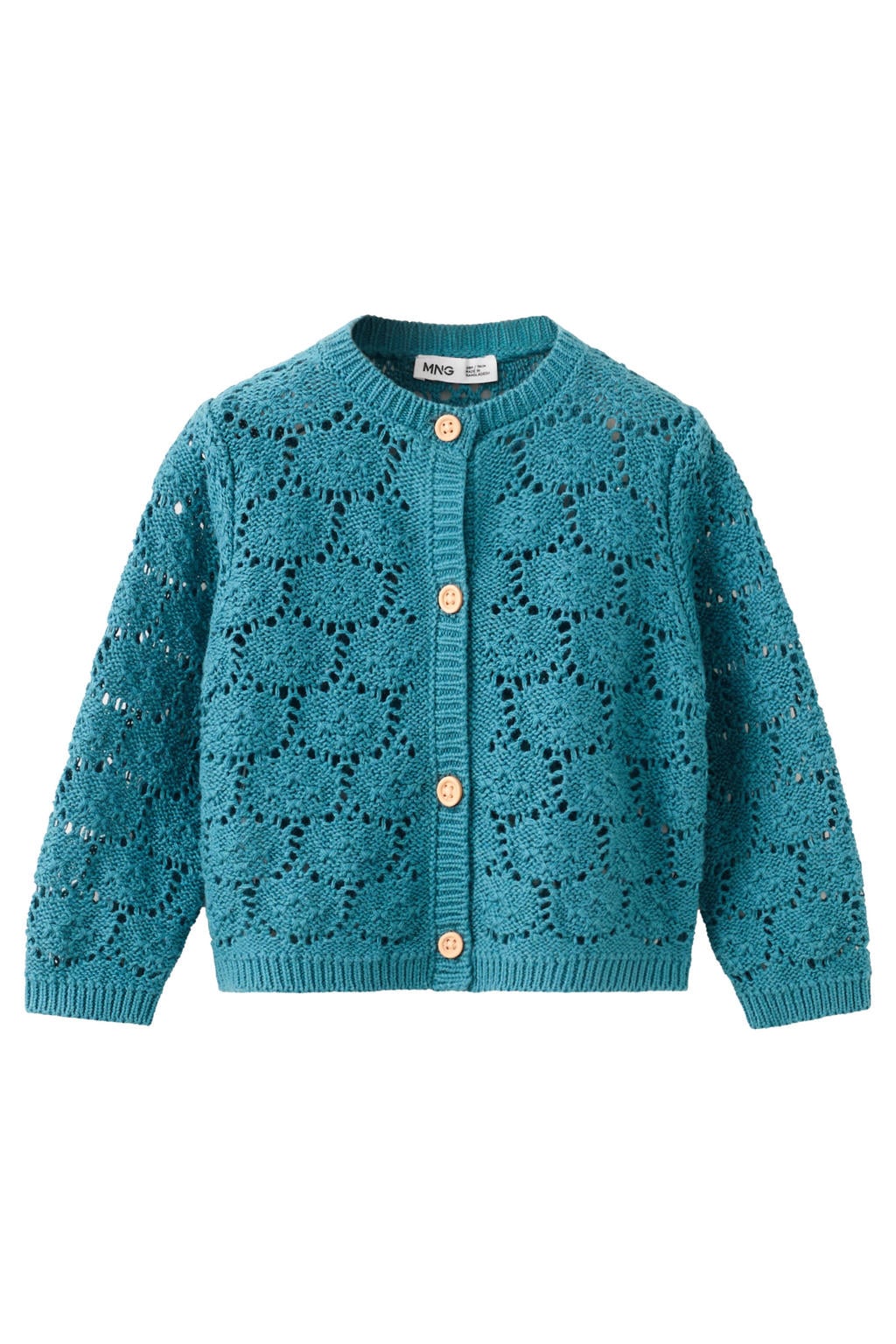 Petrolkleurige meisjes Mango Kids katoenen gebreide vest met lange mouwen, ronde hals en knoopsluiting