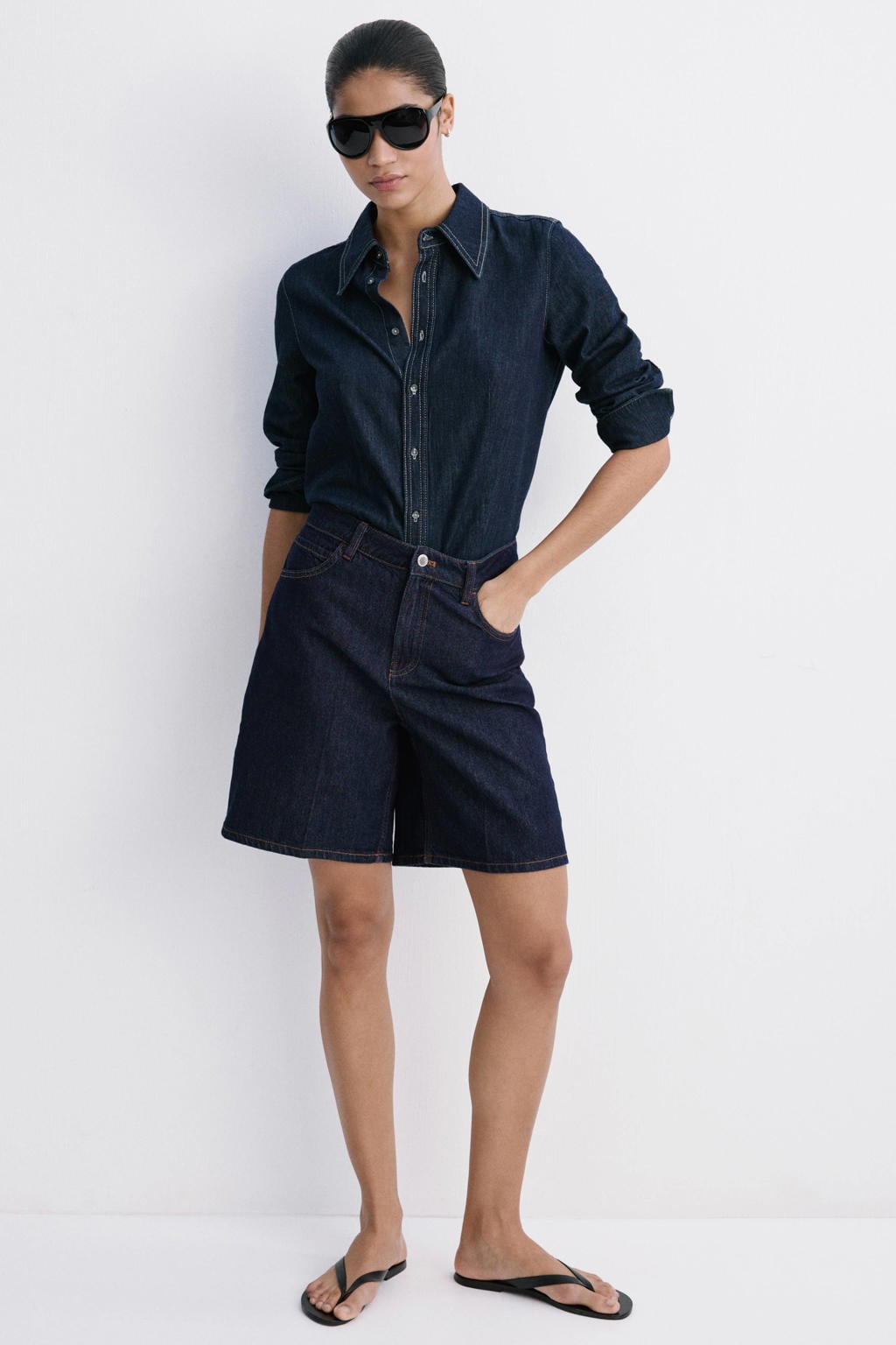 Mango high waist straight leg denim bermuda short - donkerblauw