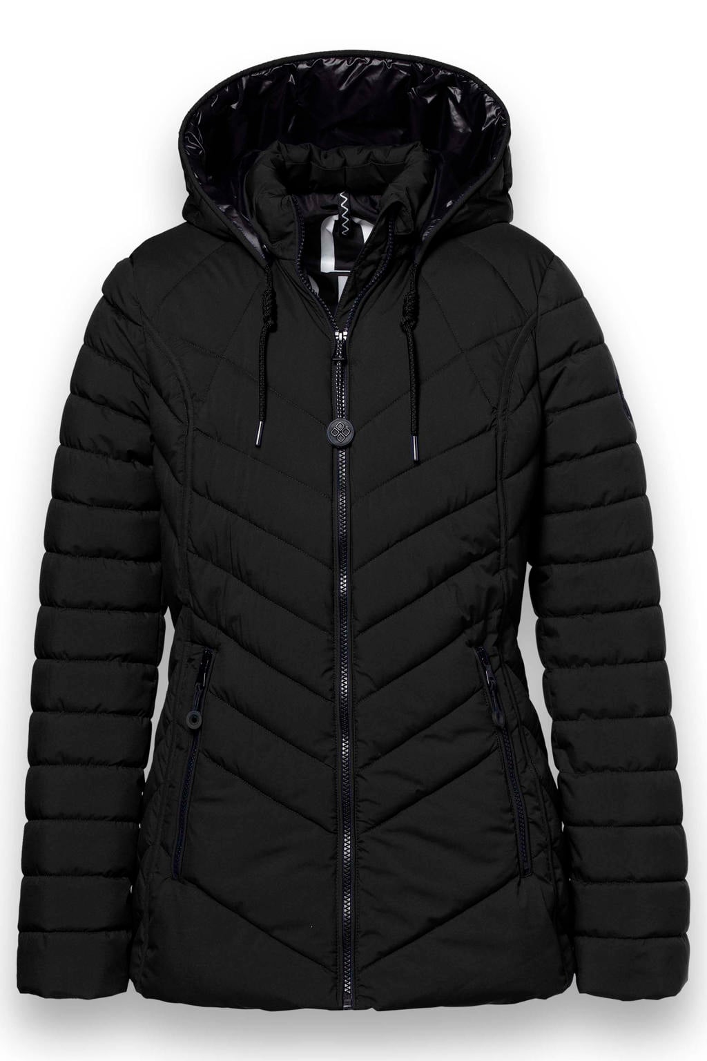 Zwarte dames District winterjas van polyester met effen, lange mouwen en capuchon