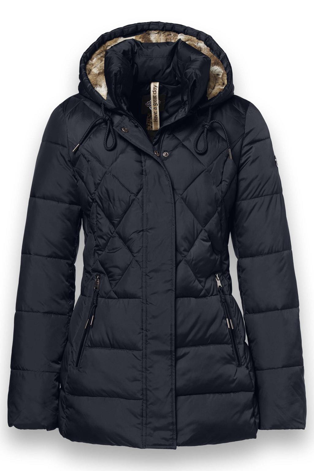 District winterjas met imitatiebontkraag - donkerblauw