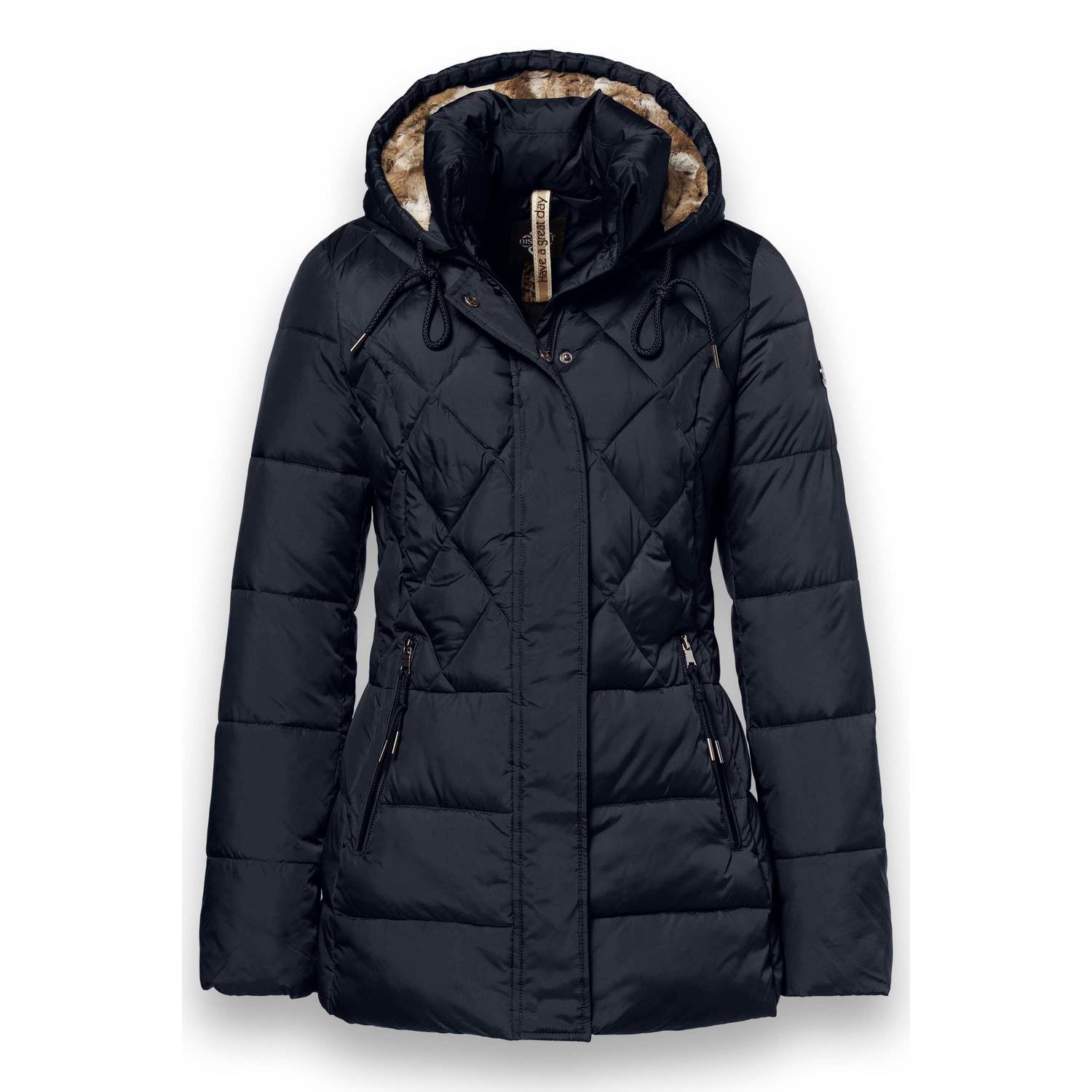 District winterjas met imitatiebontkraag donkerblauw