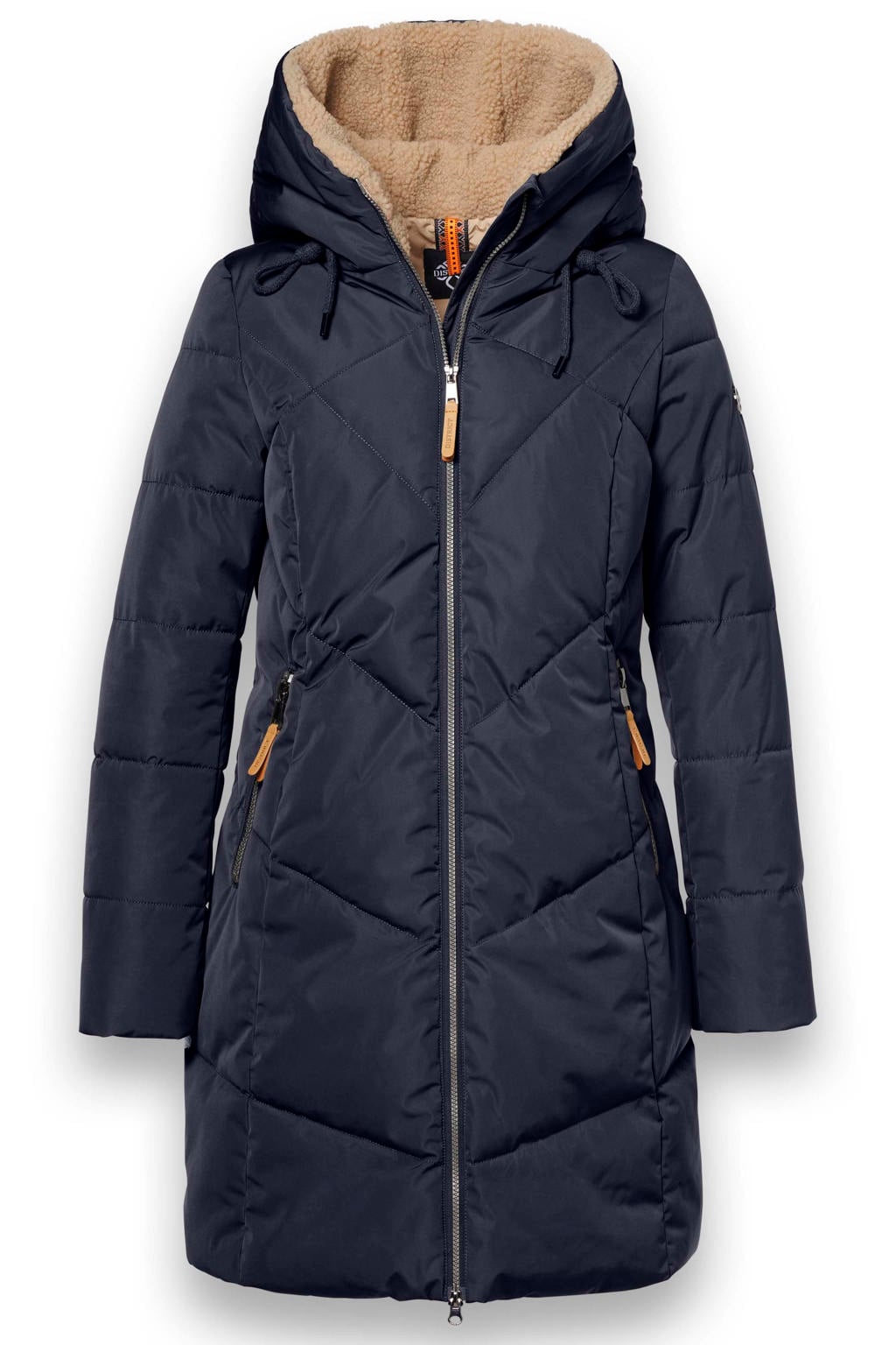 Donkerblauwe dames District winterjas van polyester met effen, lange mouwen en capuchon