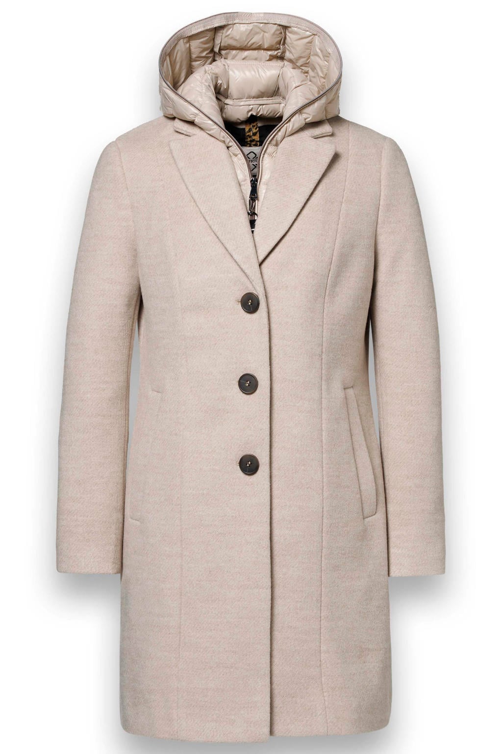 Beige dames District wintermantel van polyester met effen, lange mouwen en reverskraag