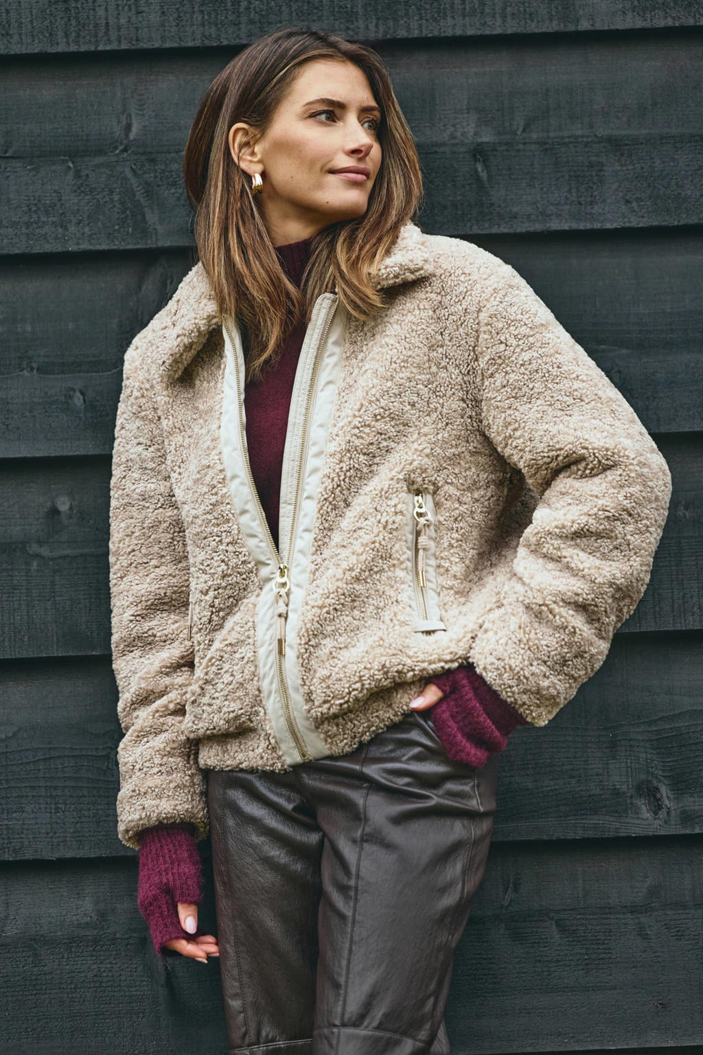 Beige dames District teddy jas van polyester met effen en lange mouwen