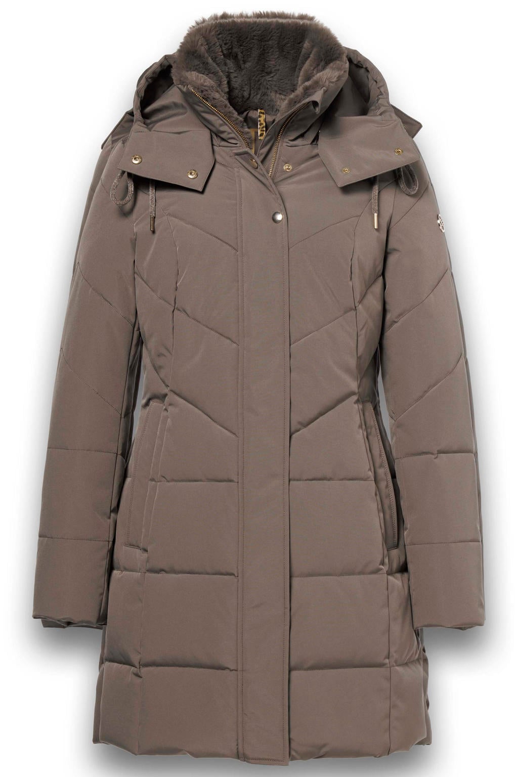 Taupe dames District gewatteerde winterjas van polyester met effen, lange mouwen en capuchon