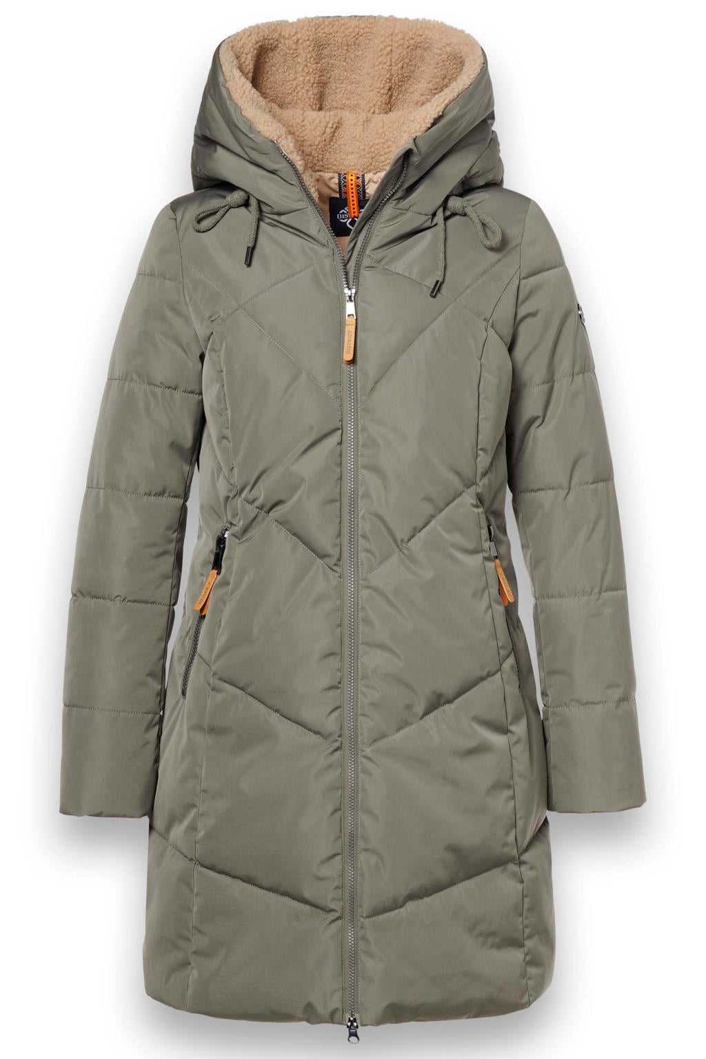 Groene dames District gewatteerde winterjas van polyester met effen, lange mouwen en capuchon