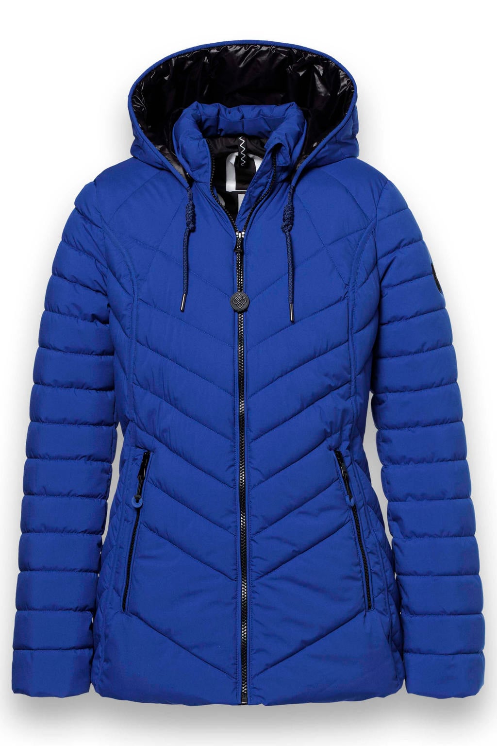 Blauwe dames District winterjas kobalt van polyester met effen, lange mouwen en capuchon