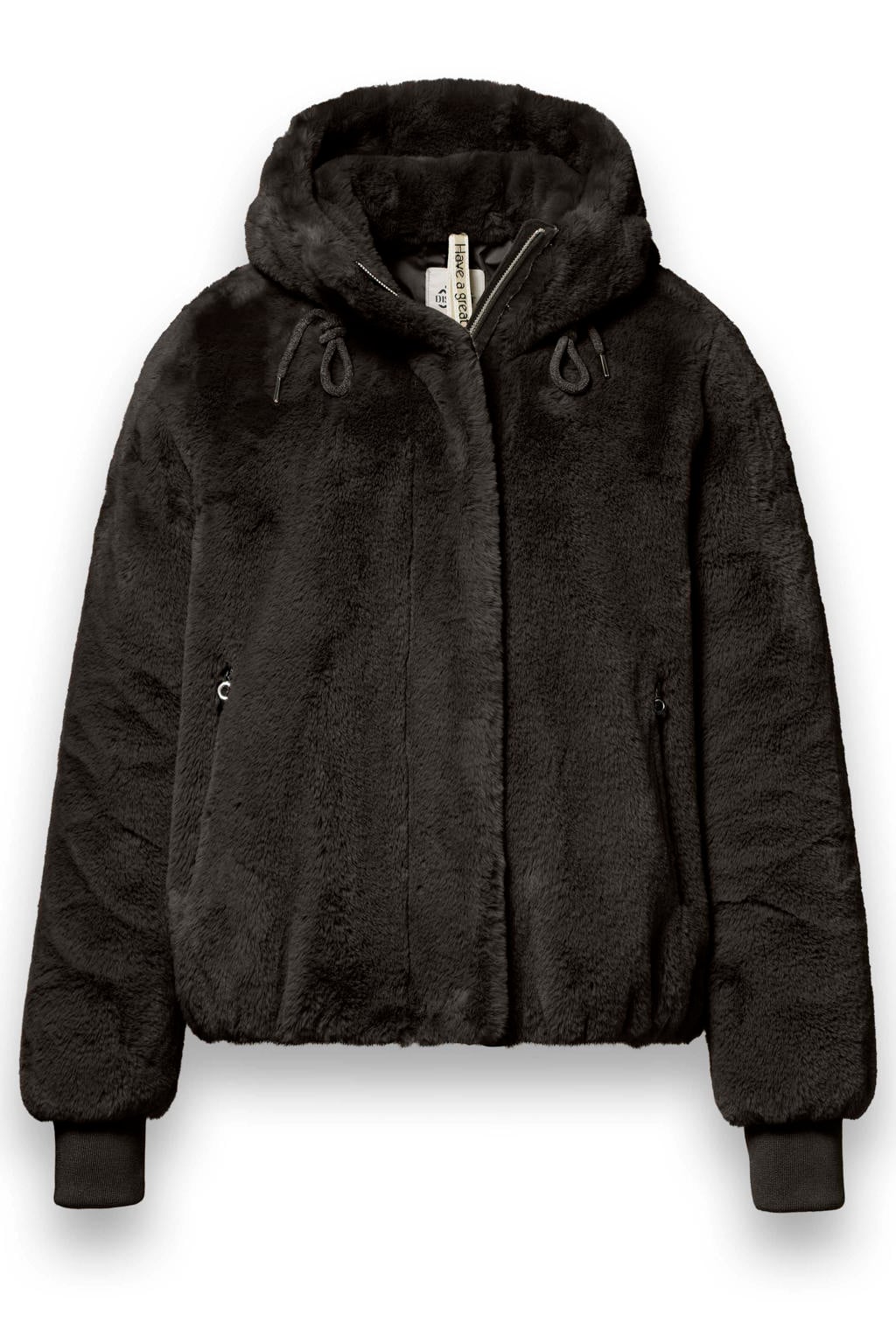Bruine dames District faux fur jas van polyester met effen, lange mouwen, capuchon en geribde boorden