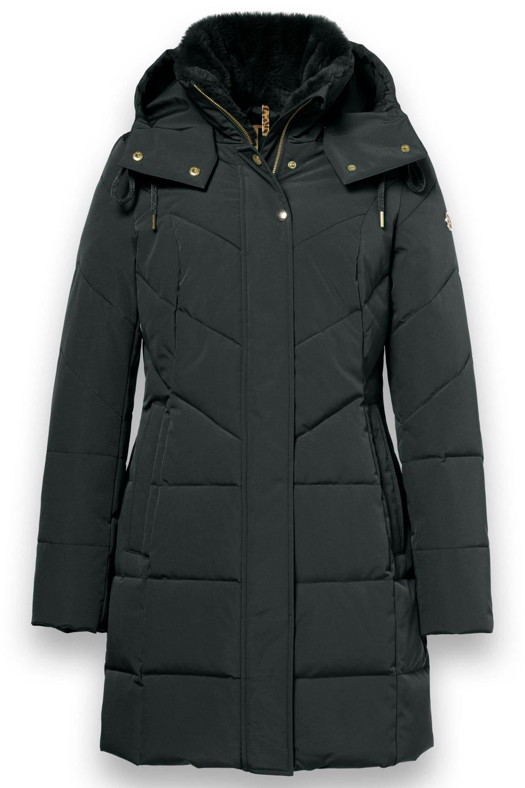 Zwarte dames District winterjas van polyester met effen, lange mouwen en capuchon